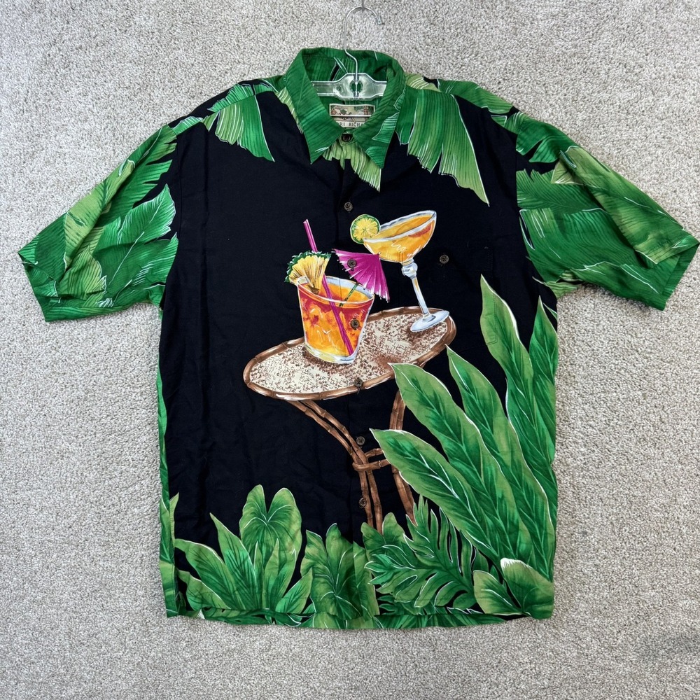 Tori Richard Mens Large Hawaiian Shirt Black Green Palm Cocktail Made in Hawaii